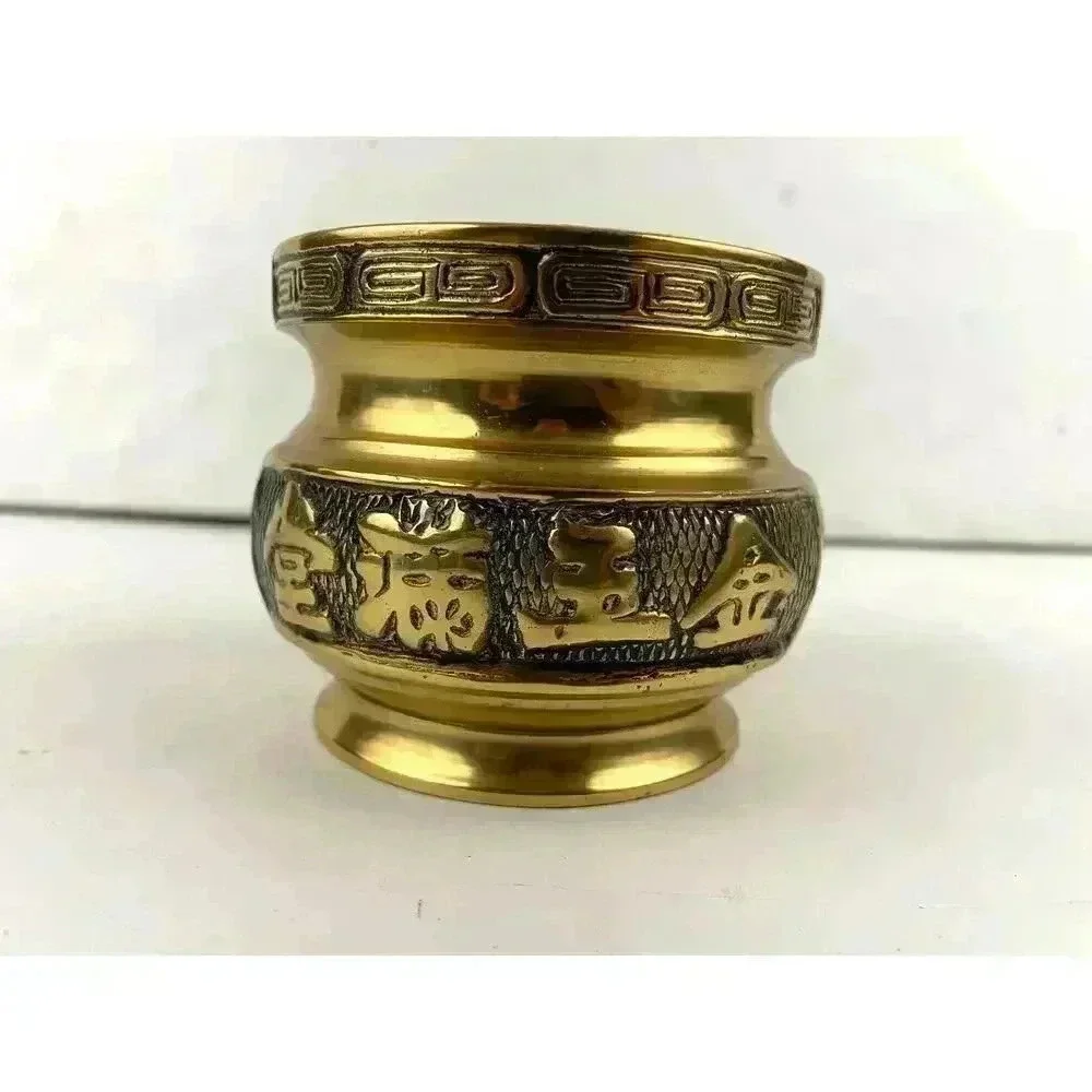 VTG Brass Chinese Dragon Bowl‎ Small Pot Incense Etched Design 3.25